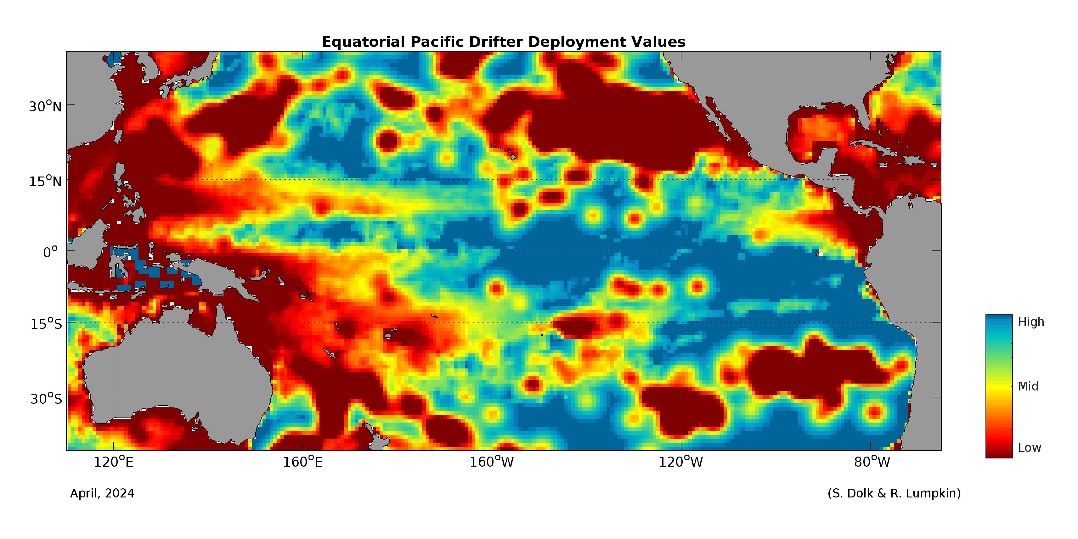 Mapa del valor del despliegue del Global Drifter en el Pacífico Ecuatorial. Crédito de la imagen, NOAA. 