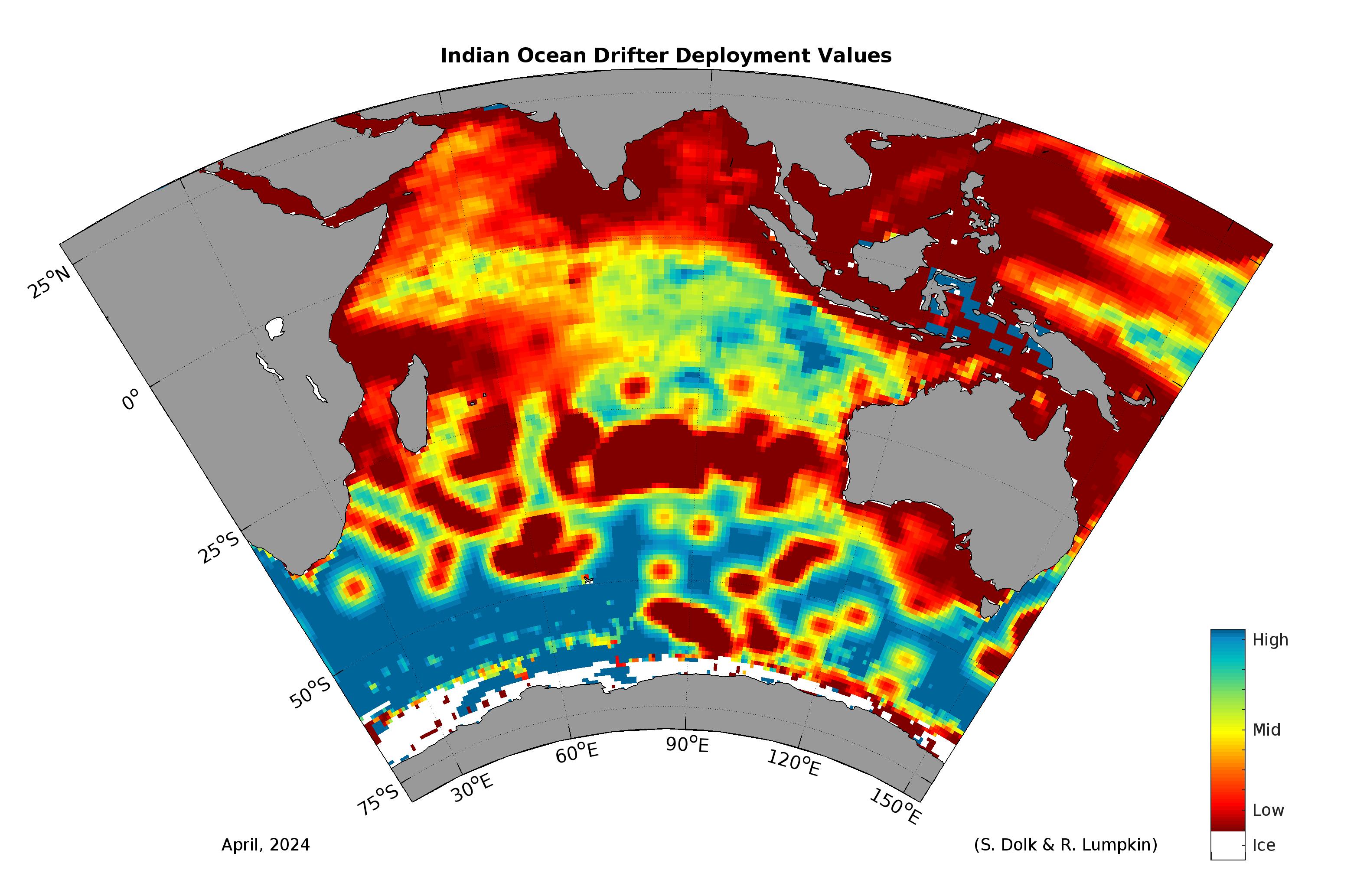 Mapa del valor del despliegue del Programa Global Drifter, Océano Índico. Crédito de la imagen, NOAA. 