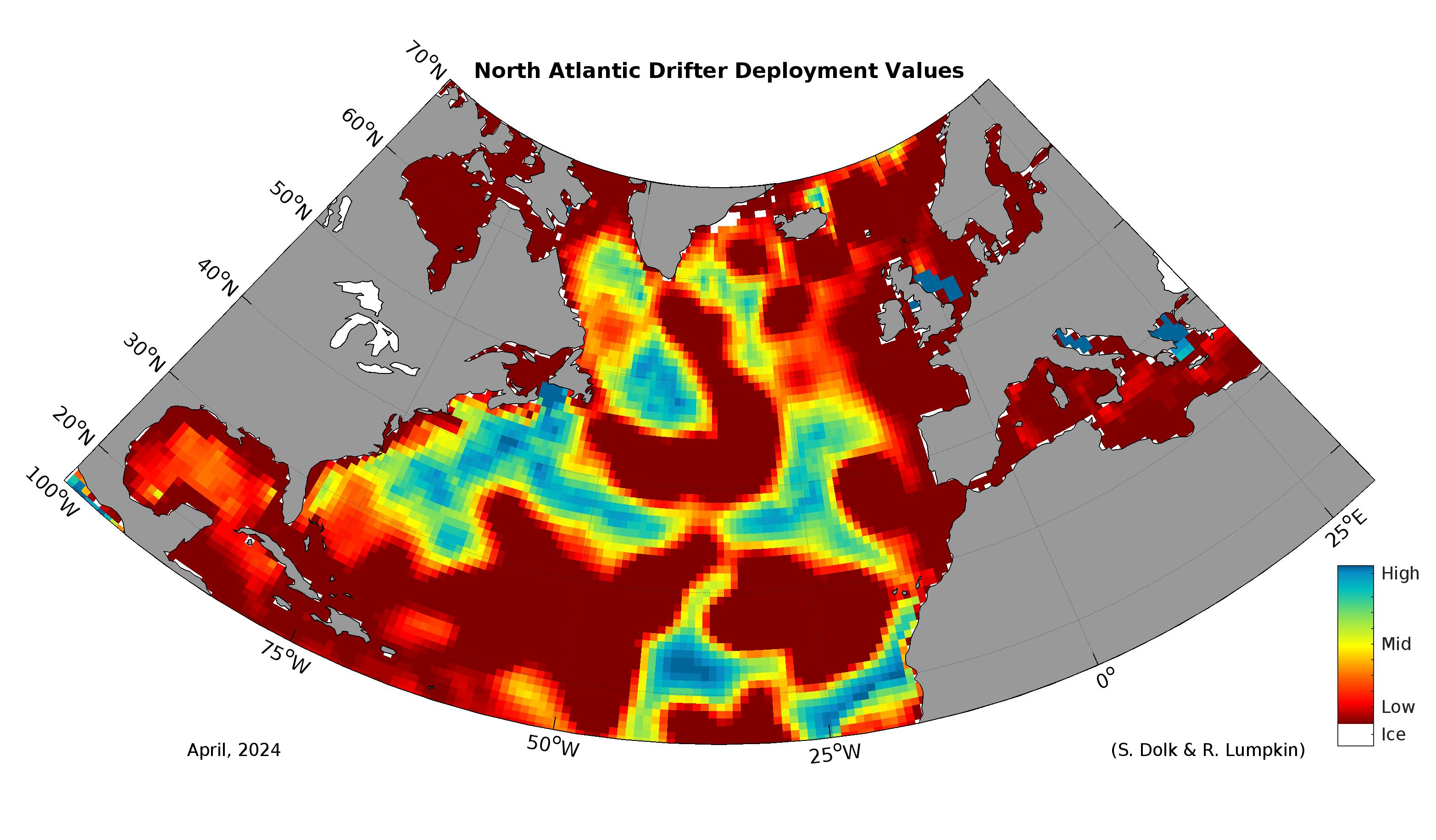 Mapa de valor del despliegue del Programa Global Drifter en el Atlántico Norte. Crédito de la imagen, NOAA. 