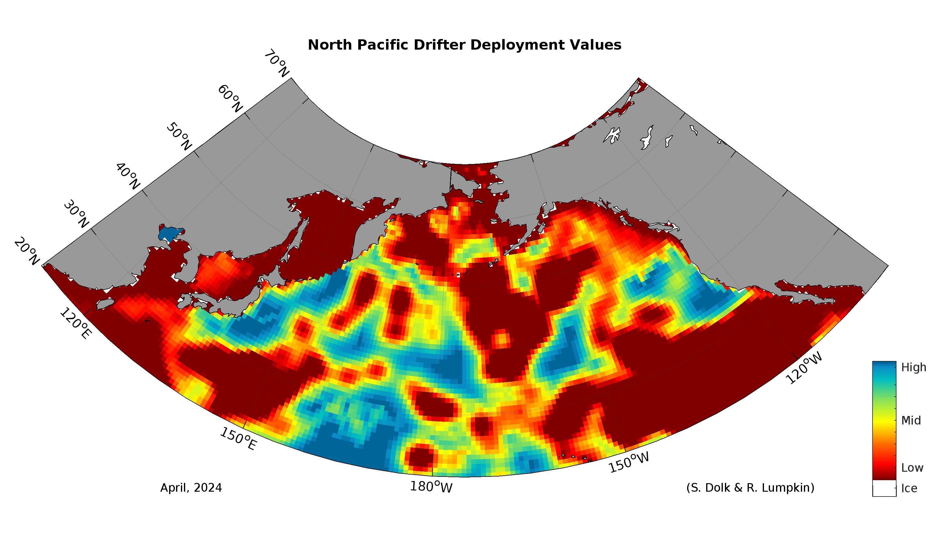 Mapa del valor del despliegue del Programa Global Drifter, Pacífico Norte. Crédito de la imagen, NOAA. 
