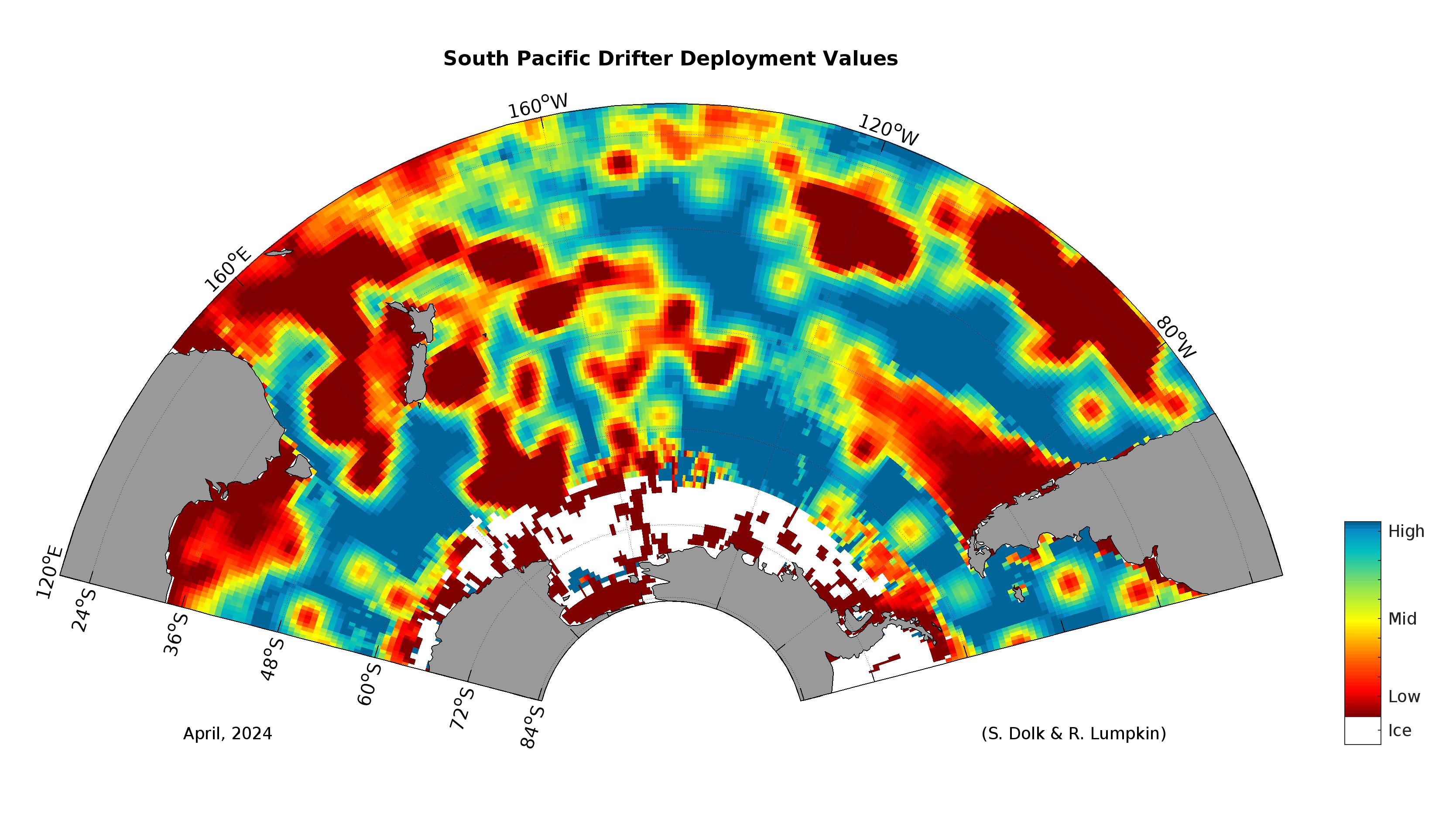Mapa del valor del despliegue global de drifters, Pacífico Sur. Crédito de la imagen, NOAA. 