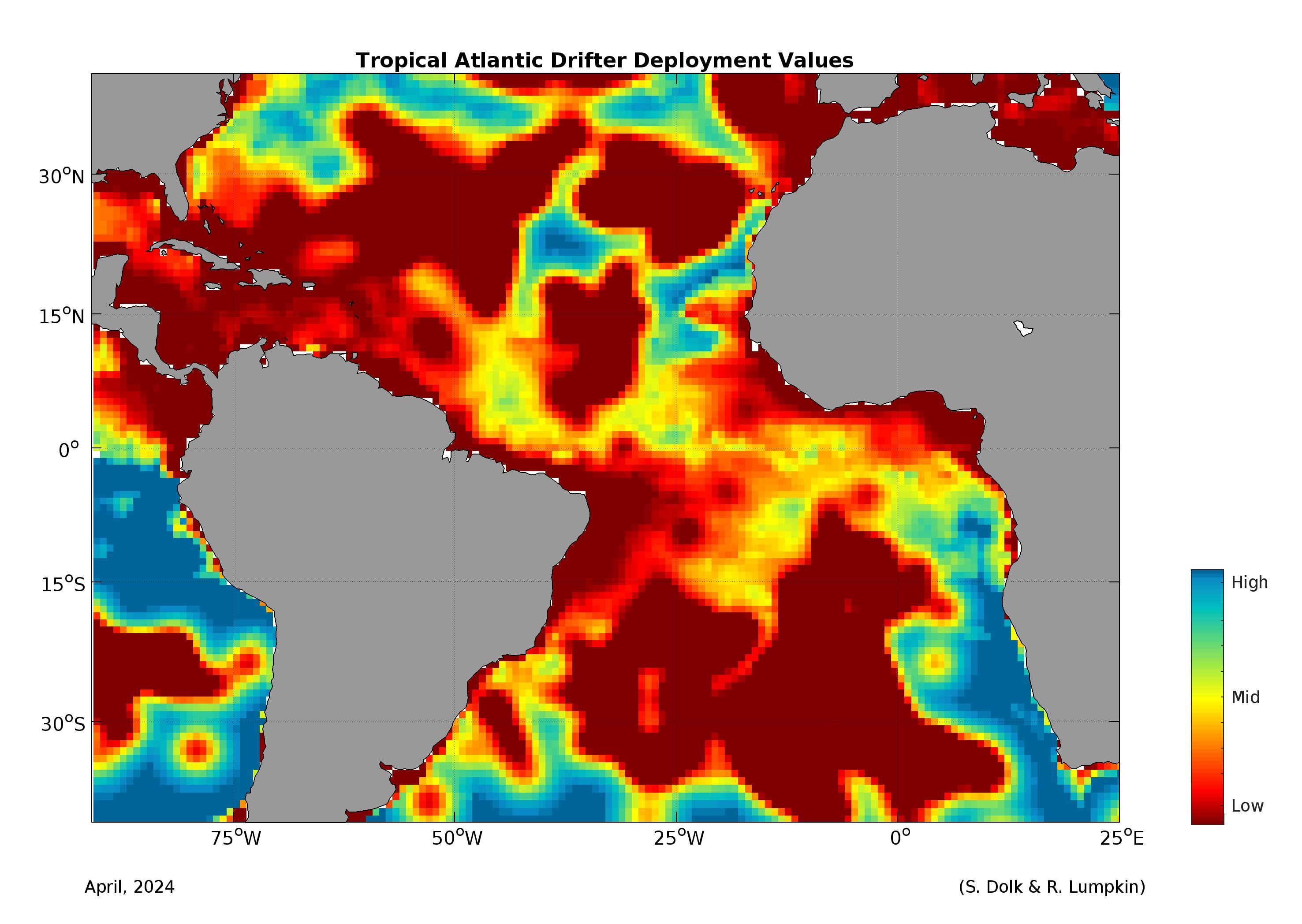 Mapa del valor del despliegue del Global Drifter en el Atlántico Tropical. Crédito de la imagen, NOAA. 