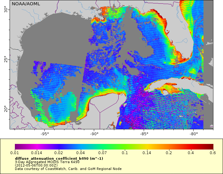 Sea surface color (K490) in the Gulf of Mexico from MODIS/Terra