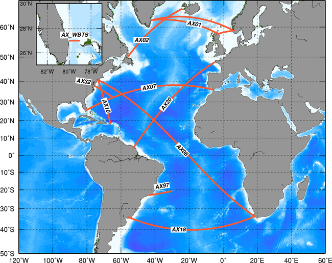 XBT Temperature Sections Atlantic Ocean