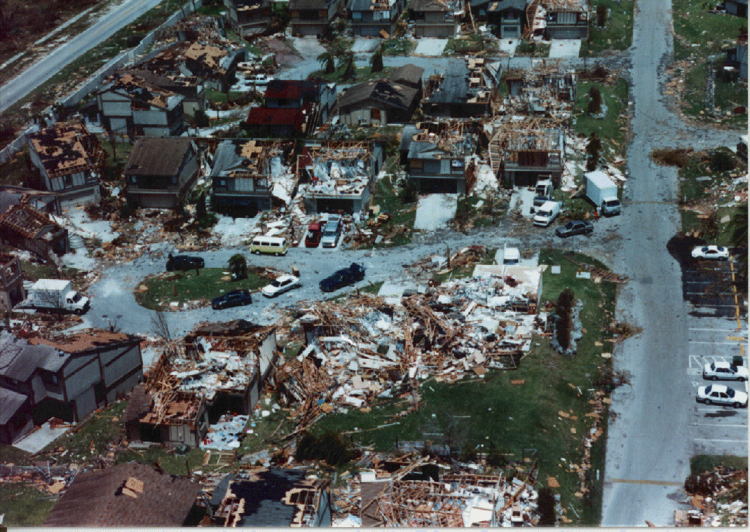 Andrew aftermath: The Lakes by the Bay neighborhood in Cutler Bay, Florida. Image credit: NOAA
