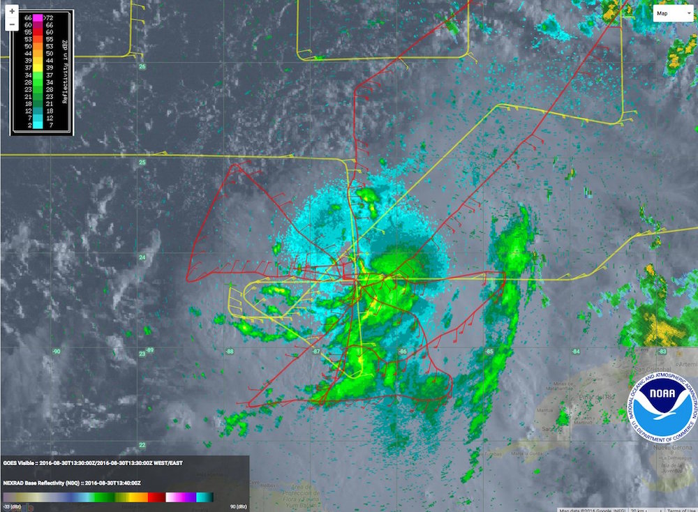 NOAA Hurricane Hunter flight pattern after flying into TD9 (red). Image credit: NOAA