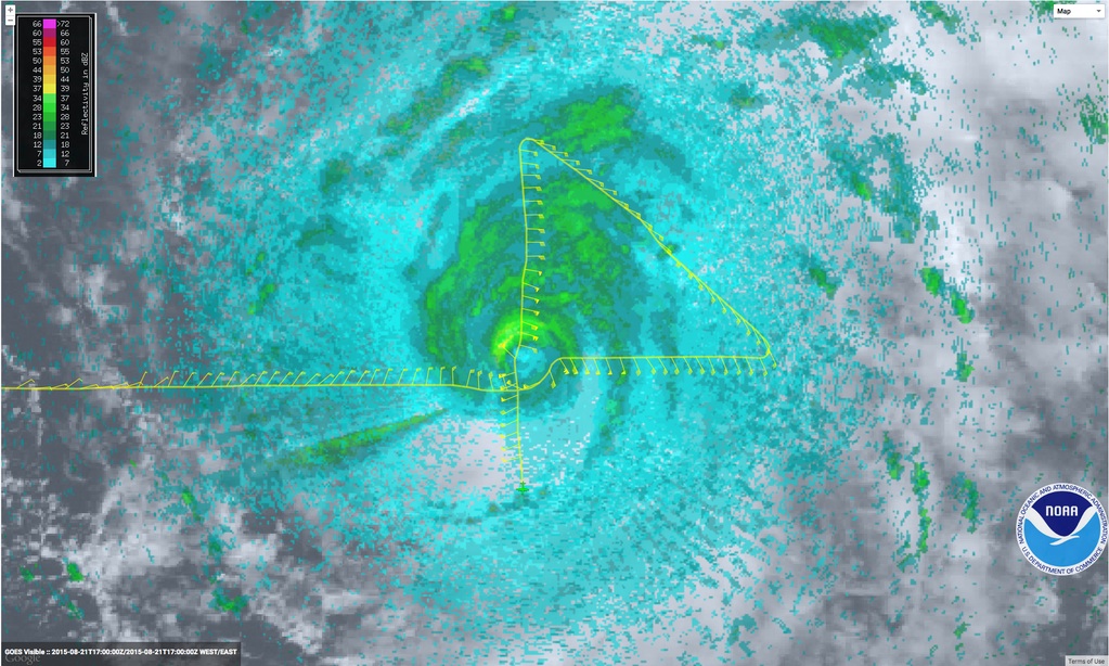 A radar image that depicts the P-3's flight pattern during one of the Hurricane Hunter missions to investigate Hurricane Danny on Friday, August 21, 2015. Image credit: NOAA