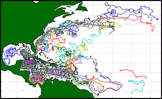 Mapa de las trayectorias de las traineras en el Atlántico Norte