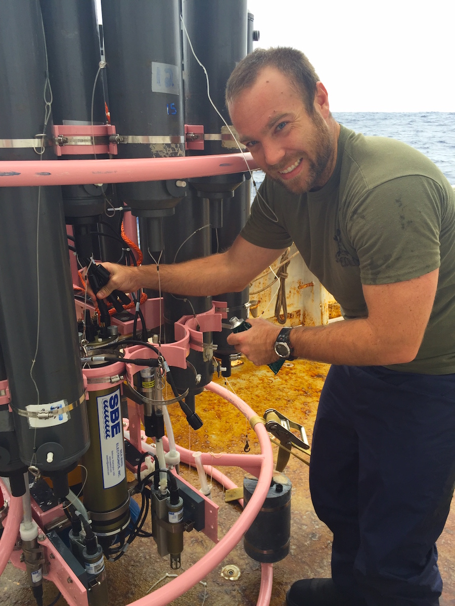 AOML oceanographer works on the CTD between deployments. Image credit: NOAA