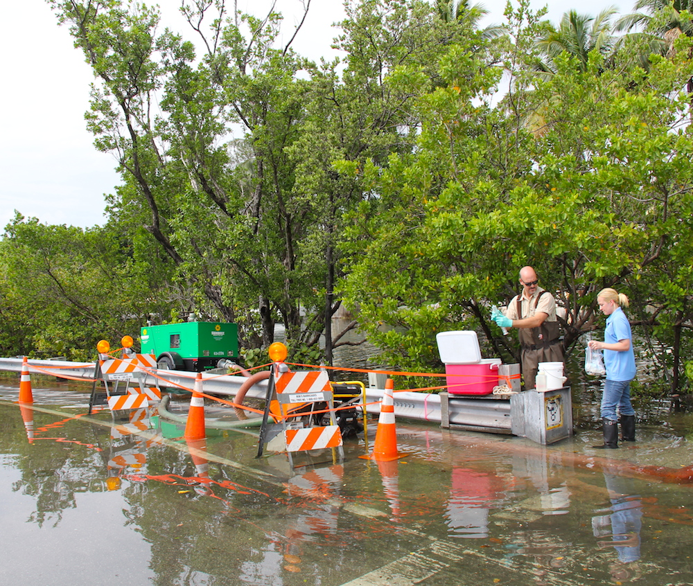 Scientists bottle samples collected from floodwaters being pumped back into Biscayne Bay. Image credit: NOAA