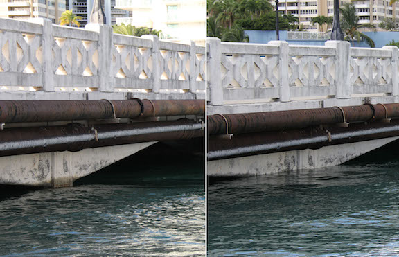 The image on the left was taken at 8:30am and the image on the right was taken at 10:30am, when the tide was at it's peak. Image credit: NOAA