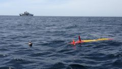 An eAUV is deployed during April 2017 CalCOFI cruise. Image credit: NOAA