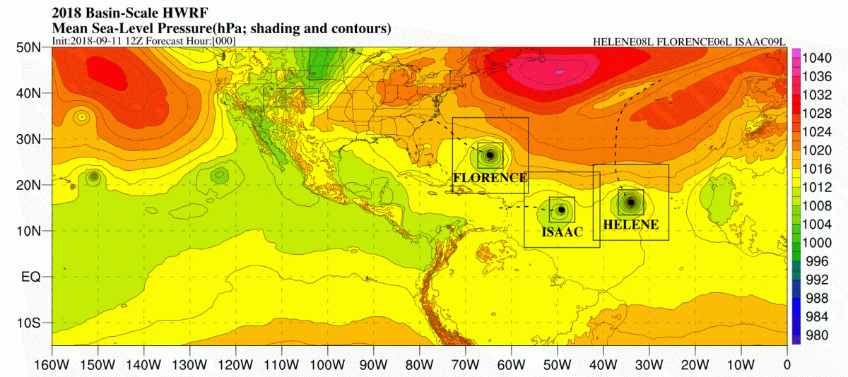 HWRF B showing multiple storms in the Atlantic basin. Image Credit: NOAA.