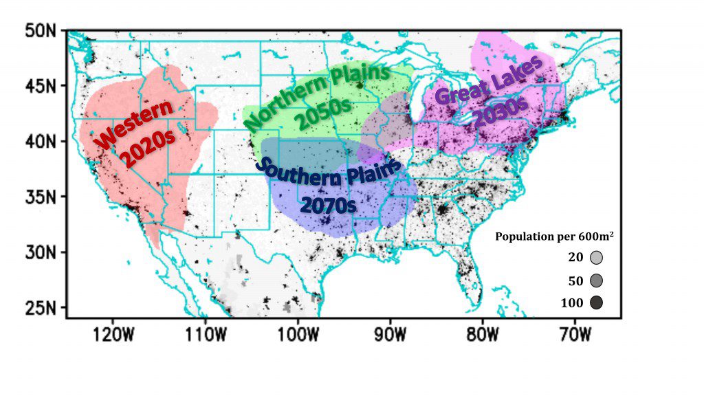 Mapa que muestra la distribución de las olas de calor y cuándo se prevé que el cambio climático, impulsado por las emisiones de gases de efecto invernadero, se convierta en la causa dominante de las olas de calor en los Estados Unidos. Las regiones occidentales de los Estados Unidos y los Grandes Lagos serán las primeras en experimentar olas de calor impulsadas por el cambio climático para los años 2020 y 2030 respectivamente, seguidas por las llanuras del norte y del sur o en los años 2050 y 2070 respectivamente. El sombreado de color gris indica centros de población. Crédito de la imagen: NOAA AOML. 