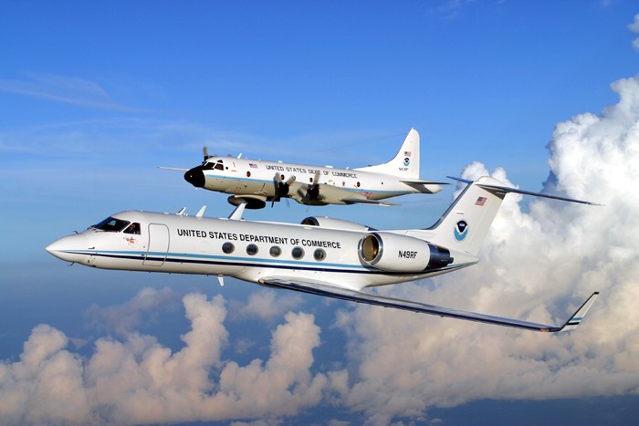 NOAA's G-IV Jet in the forefront and P-3 Aircraft in the back. Image Credit: NOAA