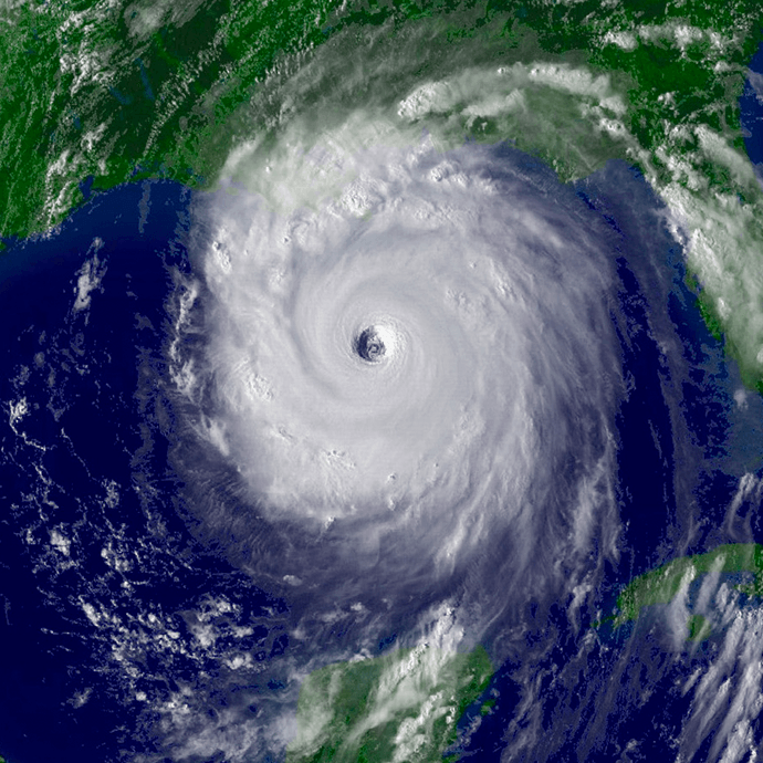 A satellite image taken of Hurricane Katrina at peak intensity in the Gulf of Mexico on August 28, 2005. Image credit: NOAA