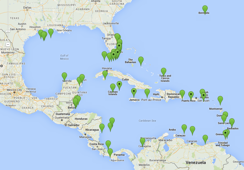 Mapa que muestra las ubicaciones del Programa de Salud y Vigilancia de los Corales.