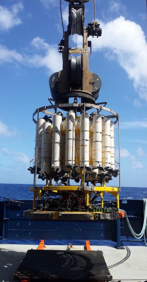 CTD being deployed during a GO-SHIP Cruise. Photo Credit: NOAA.