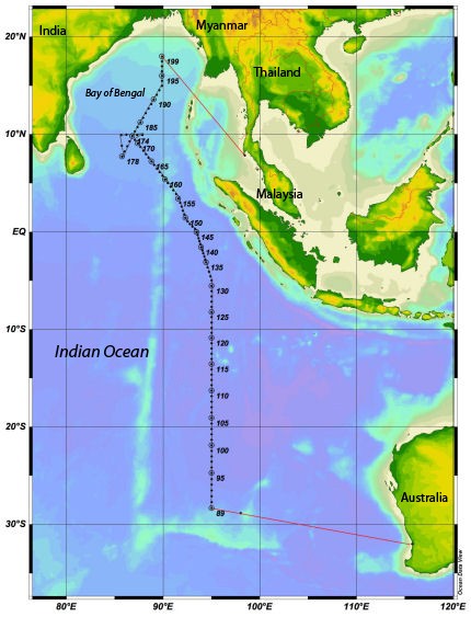 La pista de crucero para el crucero GO-SHIP del Océano Índico de 2016. Crédito: NOAA