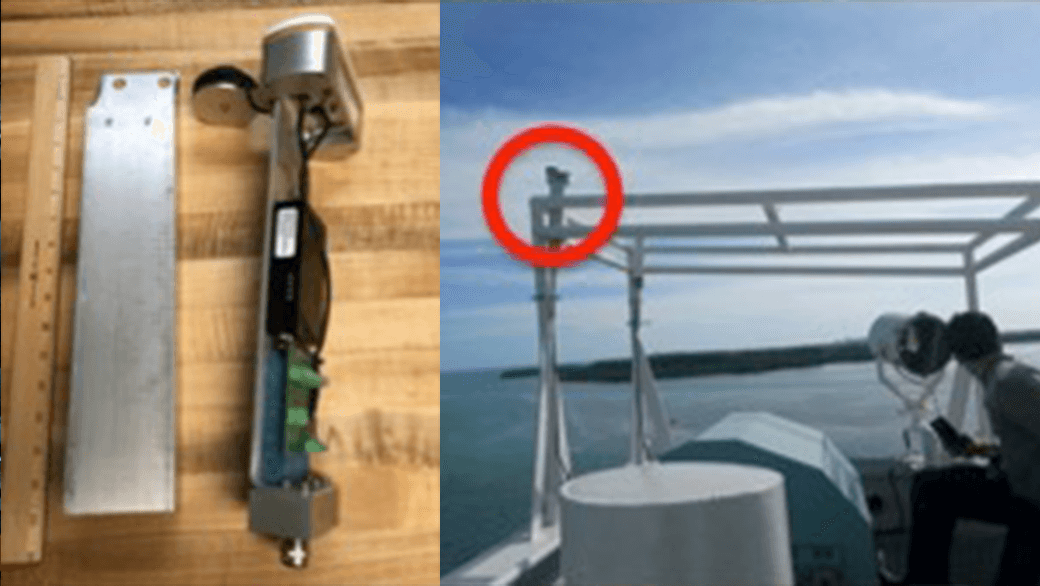 Left: New Iridium antenna and housing. Right: Antenna installed aboard the CMA CGM Racine cargo vessel in Miami, FL, before the start of the January 2016 AX07 (Miami to Gibraltar) XBT transect.