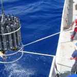 Scientists lift a CTD rosette on board to collect ocean carbon samples. image credit: Nicolas Gruber, ETH, Switzerland