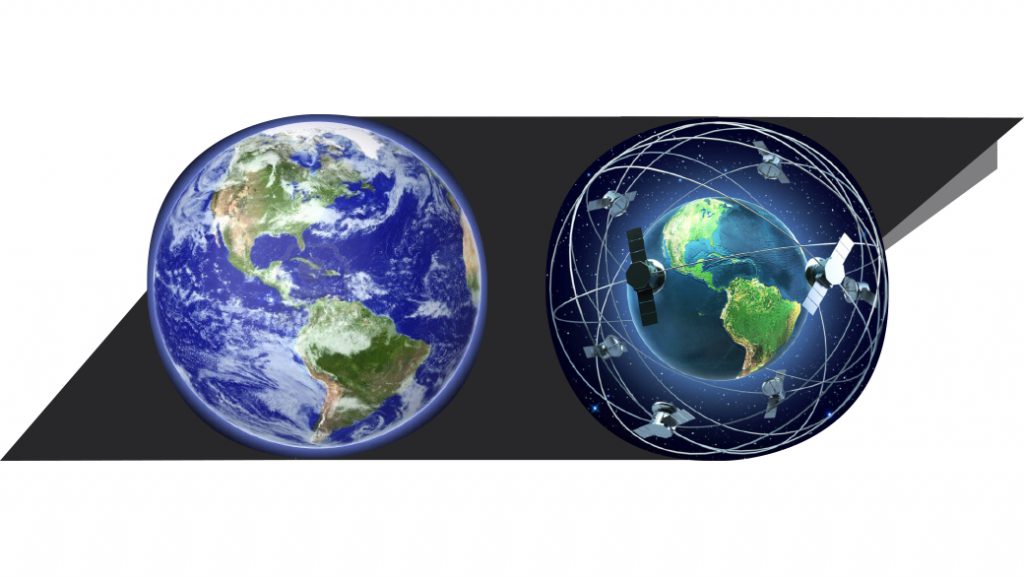 Photo of two globes, one with satellites
