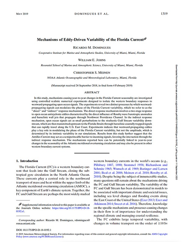 Front page of paper Mechanisms of Eddy-Driven Variability. Image Credit, NOAA AOML.