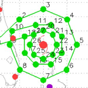 Vértices del hexágono (octógono) [18 (24) sondas] Duración del patrón (150, 90, 60 n mi): ~ 4 h 25 min (4 h 35 min)