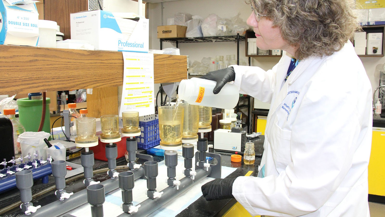 Photo of scientist Maribeth Gidley filtering samples in the Environmental Microbiology lab.