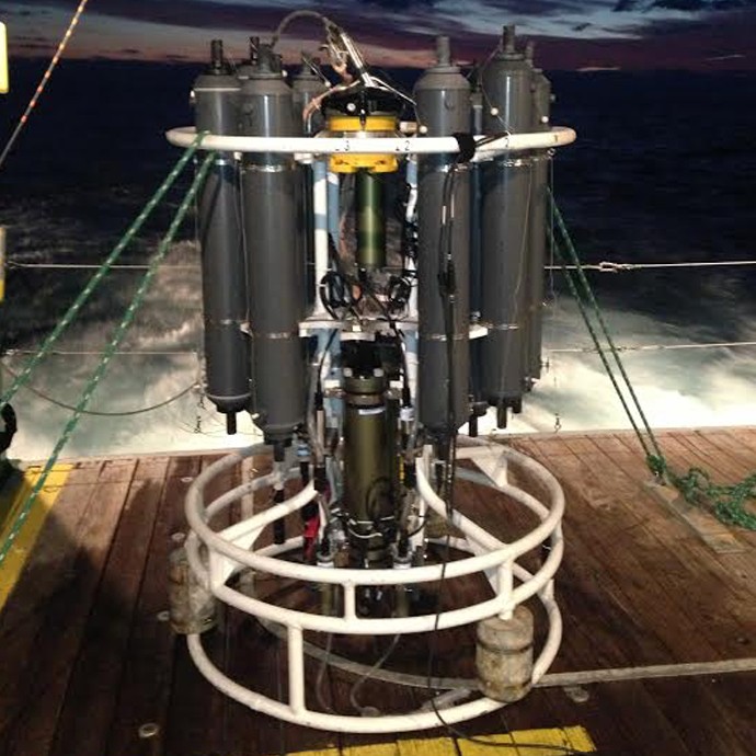AOML's CTD/O2/LADCP instrument package is recovered, secured, and ready for sampling following the first station at 27N in the Florida Straits. Image credit: NOAA