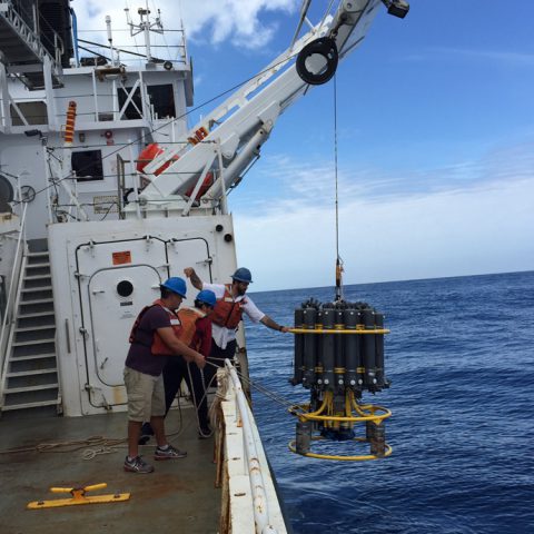 A CTD rosette overboard during the western boundary time series cruise. Photo Credit NOAA.
