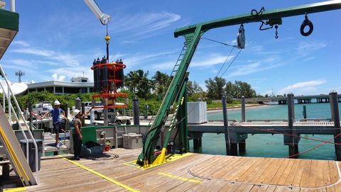 AOML staff load the CTD onto the deck of the F.G. Walton Smith prior to departure. Image credit: NOAA