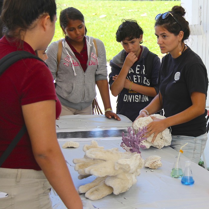 El ecologista de corales de AOML discute los impactos de la acidificación del océano en los corales con un grupo de estudiantes. Crédito de la imagen: NOAA