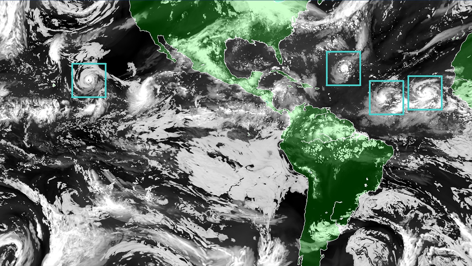 The Hurricane Analysis and Forecast System (HAFS) “moving nest" Model. Global map showcasing land mass in green and water in black, clouds in white and tropical storms outlined in a green boxes representing the moving nest model.