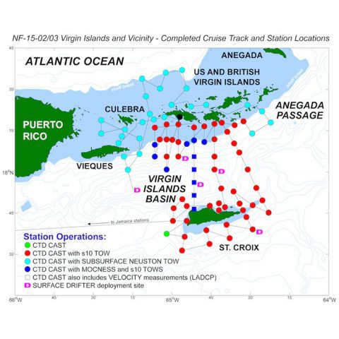La pista de Nancy Foster a través de las Islas Vírgenes de EE.UU. en el curso de la primera etapa. Crédito de la imagen: NOAA