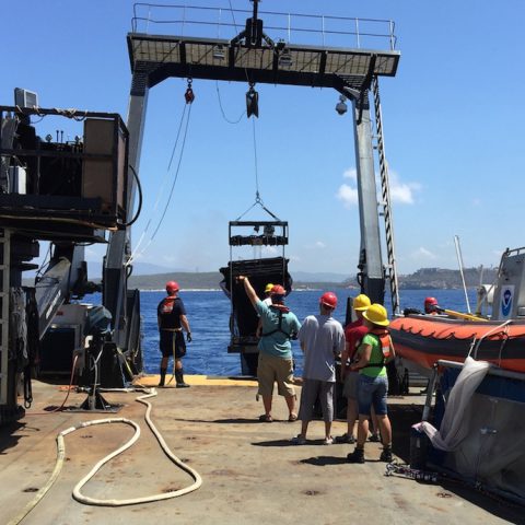The Nancy Foster team deploys the MOCNESS net during Leg 2 in the northern Caribbean. Image credit: NOAA