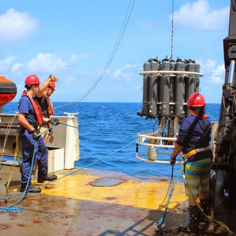 El paquete de CTD está siendo recuperado por los oficiales del cuerpo de la NOAA Jim Europe, Aras Zygas y Alexis Sabine (DPNR). Crédito de la imagen: NOAA