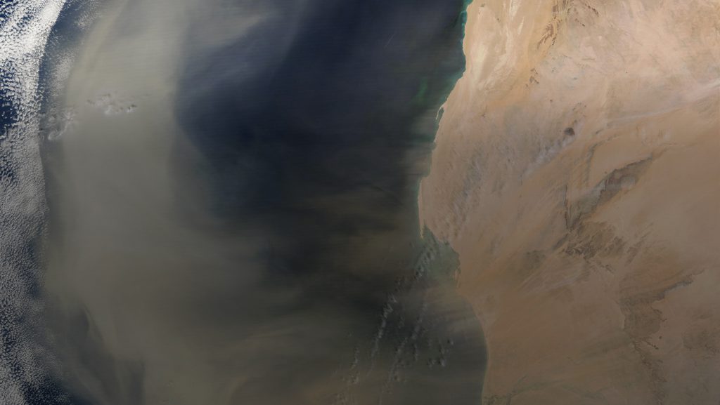 Satellite images from the GOES satellite shows the Saharan Air Layer moving across Africa towards the Atlantic Basin.