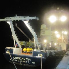 An image of the R/V Endeavor, the vessel being used for the joint NOAA & NSF research cruise, the night before sailing. Photo credit: NOAA