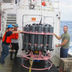 AOML scientists collect water samples and acoustic Doppler current profiler data from the CTD package after recovery. Image credit: NOAA