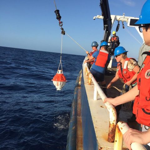 Crewmembers deploy a pressure inverted echo sounder instrument to measure average sound speed in the water column. Image credit: NOAA