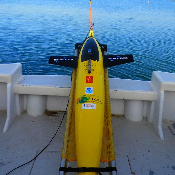 The glider rests on the deck of the R/V La Sultana before deployment. Image credit: NOAA