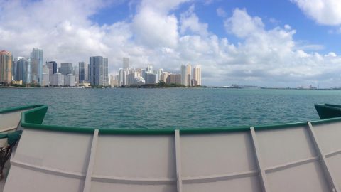 The R/V F.G. Walton Smith passes the Miami skyline on its way to the Florida Straits. Image credit: NOAA