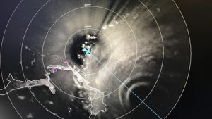 Imagen de radar que muestra al avión P-3 de la NOAA entrando en el ojo del huracán Dorian. Crédito de la foto: NOAA.