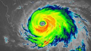 Radar image of Hurricane Dorian showing the eye of the storm centered over the Abaco Islands in the Bahamas.