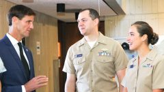 LCDR Andrew Colegrove and LTJR Alyssa Thompson Speaking with Deputy NOAA Administrator Rear Admiral Tim Gallaudet. Photo Credit: NOAA AOML.