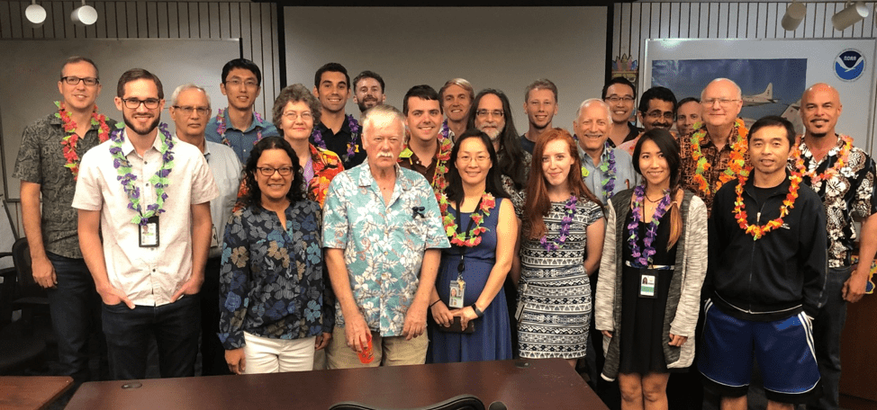 AOML’s hurricane scientists and friends celebrated the last regularly scheduled tropical weather discussion of the year on October 18. While an AOML crew gathered data in Tropical Storm Nestor, those on the ground gathered for Aloha Friday. AOML hosted the daily discussions throughout hurricane season to review storm activity in the Atlantic and Pacific basins. This year’s discussions were presented by scientists and students from AOML, the National Hurricane Center, and an assortment of universities and cooperative institutes. Photo Credit: NOAA AOML.