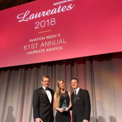 Pete Mangelsdorf of Raytheon, Kelly Ryan and Joe Cione of NOAA/AOML accepting the Laureate Award. Image credit: NOAA