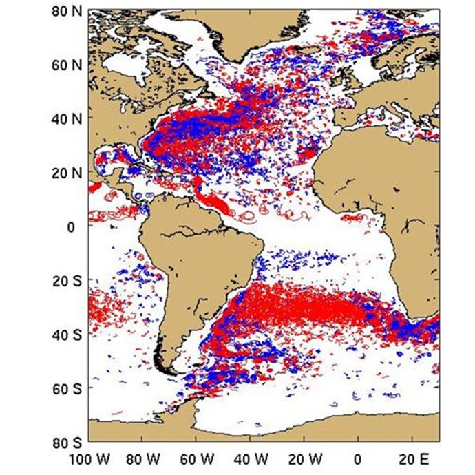 Trajectories of cyclonic (blue) and anticyclonic (red) looping drifter trajectories in the Atlantic Ocean. Image Credit: NOAA
