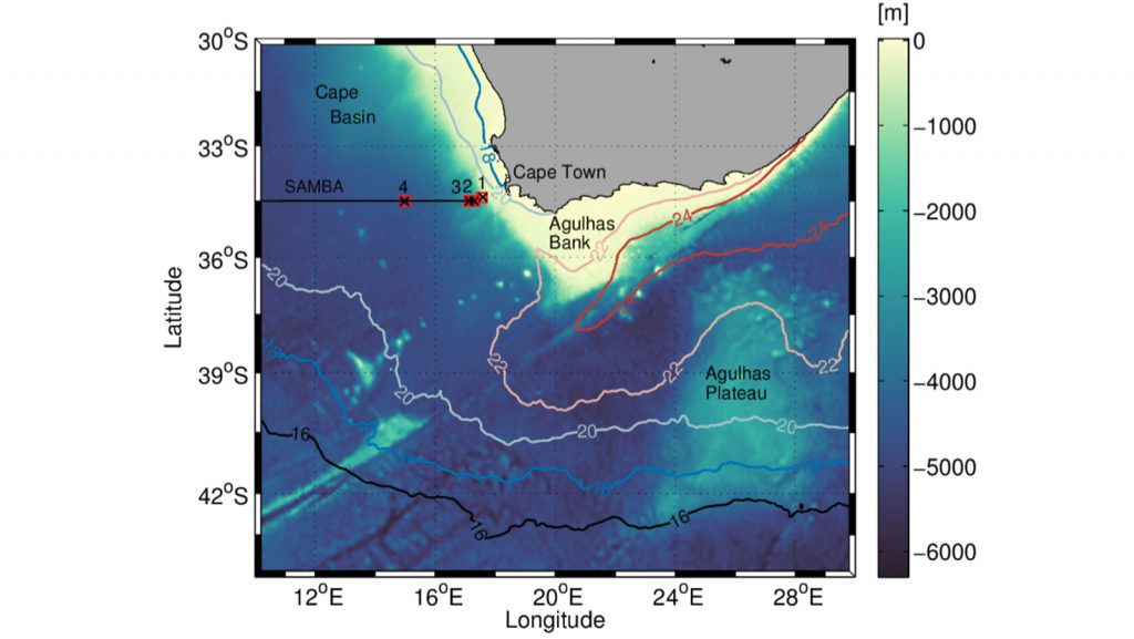 Study area with shaded colors representing the ocean depths in meters from the ETOPO1 dataset. The thin black line denotes the eastern portion of the SAMBA mooring line; the black crosses and red squares represent the tall mooring and CPIES positions, respectively. The annually averaged sea-surface temperature values for 2015 from the ODYSSEA dataset are plotted with colored contours.